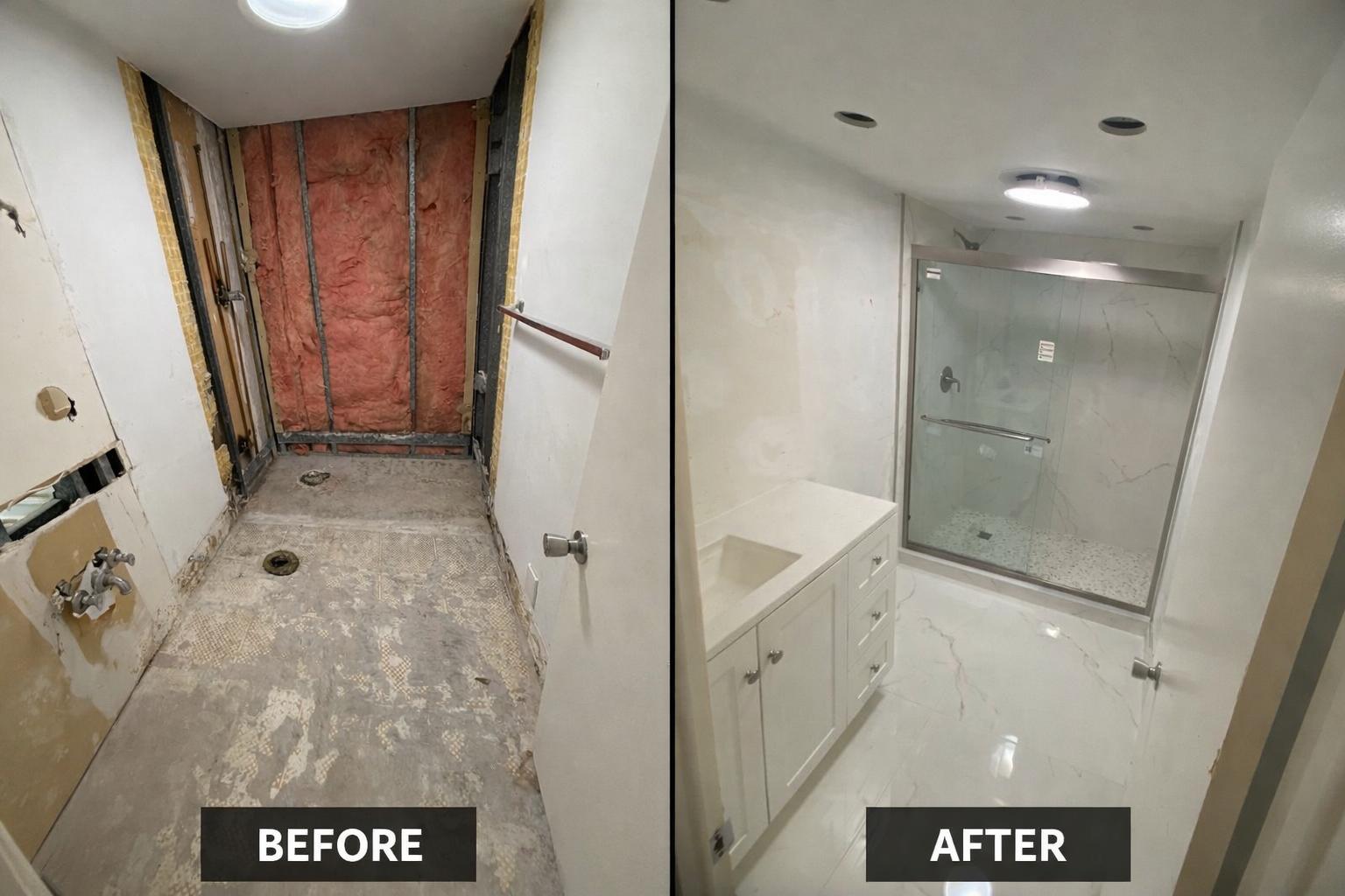 After: Finished shower with marble-look tile, glass door and a white vanity